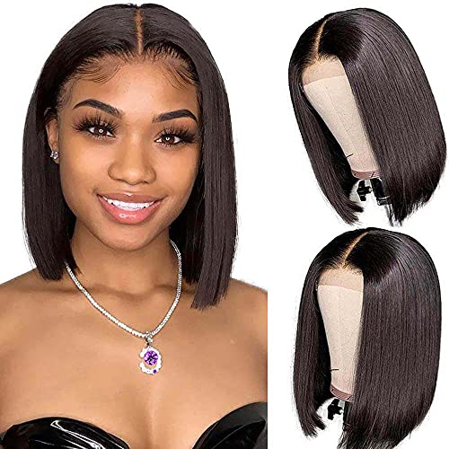 12A Bob Wigs Straight Short Bob Wig Lace Frontal Human Hair Wigs 4x1 T Part Lace Closure Brazilian Virgin Human Hair Straight Bob Lace Front Wigs with Baby Hair Pre Plucked 8inch Natural Black Color