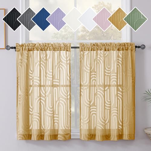 Simplebrand Sheer Gold Curtains Kitchen 36 Inch Length 2 Panels Set for Window, Soft Airy Geometric Jacquard Semi Sheer Curtains for Bathroom, Modern Rod Pocket Window Curtains, 42Wx36L Inches