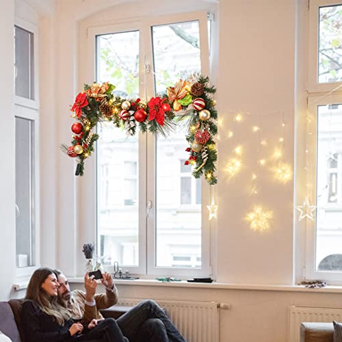 Adeeing 6FT Christmas Garland with Lights, Xmas Battery Operated Artificial Rattan with Classic Red Gold Decorations, Xmas Garland for Home Indoor Fireplace Mantle Outdoor Decor, Red
