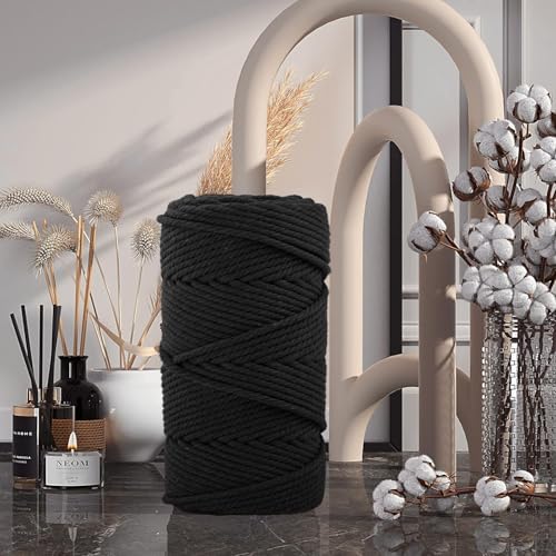 Image of ZUEXT Macrame Cord, Black, 6mm x 109yds Cotton String Macrame Yarn | 100% Natural Handmade, 4 Strands Twisted Cotton Rope, For Wall Hanging Plant Hangers Gift Wrapping Tapestry DIY Crafts, 100m
