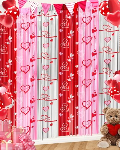 Galentines Decorations Foil Fringe Curtains for Party, 2 Pack 3.3 x 6.6 FT Galentines Day Decorations Red Pink Silver Tinsel Streamer, Galentines Backdrop Heart Decorations for Birthday Wedding