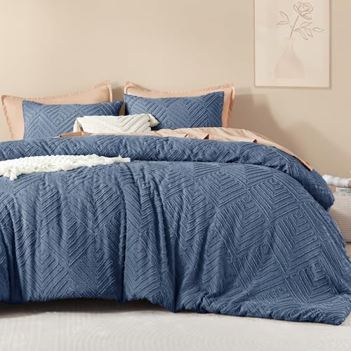 Image of Litanika Oversized King Comforter Set Ocean Blue, 3 Pieces Tufted Boho Farmhouse Bedding Comforter Set, Lightweight Fluffy All Season Comforter Set (120x98In Comforter & 2 Pillowcases)