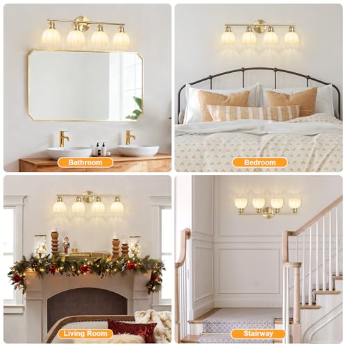 Image of Bathroom Light Fixtures, 4-Light Brushed Gold Vanity Lights for Bathroom with White Tulip Glass Shade, 26 inch Vintage Bathroom Vanity Lighting Fixtures Over Mirror for Bedroom Living Room Hallway