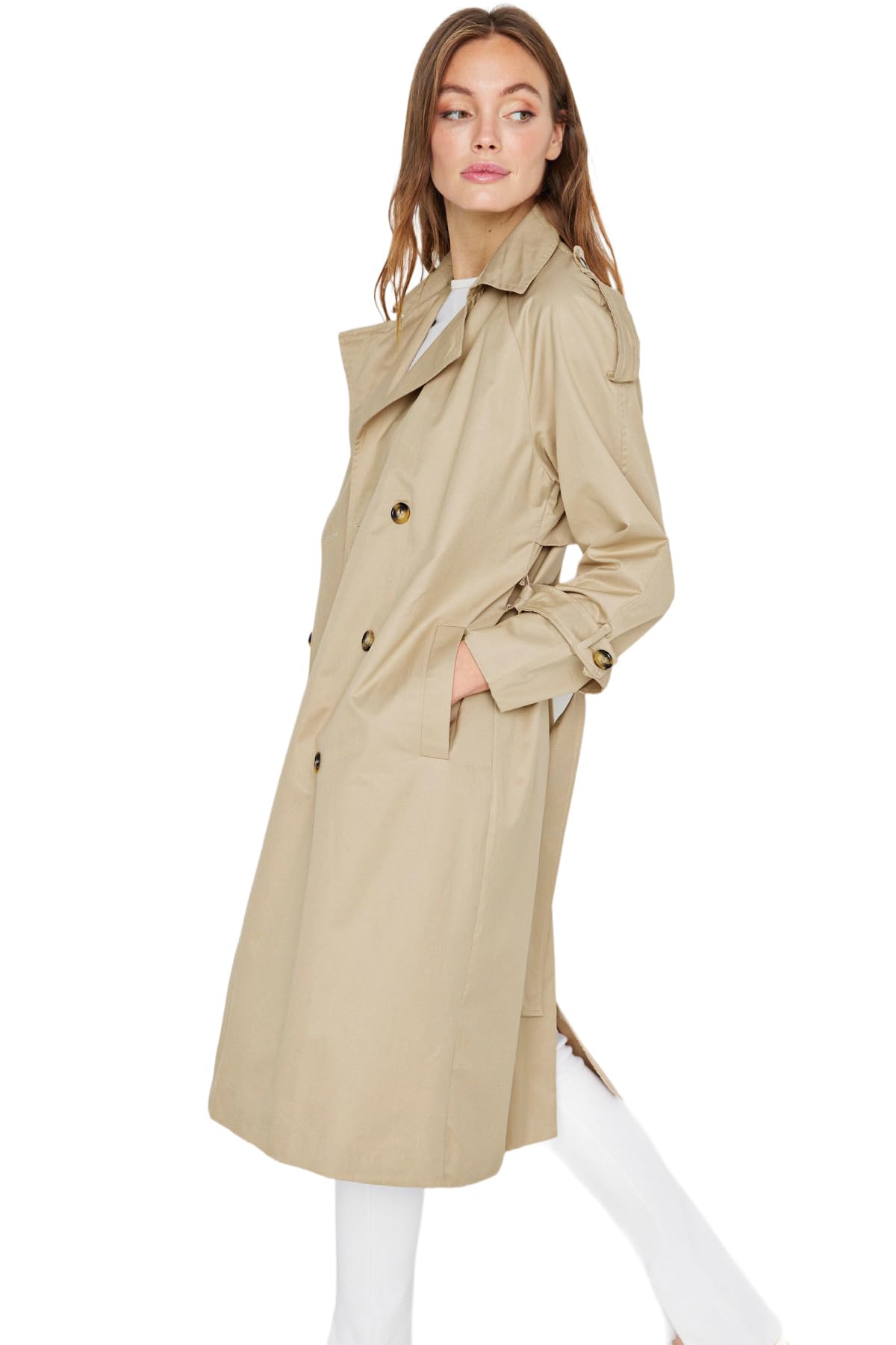 Trendyol Long Trench Coat With Beige Arched Button Closure Water Repellent impermeabile Donna