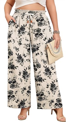 Lastshe Plus Size Wide Leg Pants for Women Elastic High Waisted Drawstring Loose Lounge Long Palazzo Trousers with Pockets