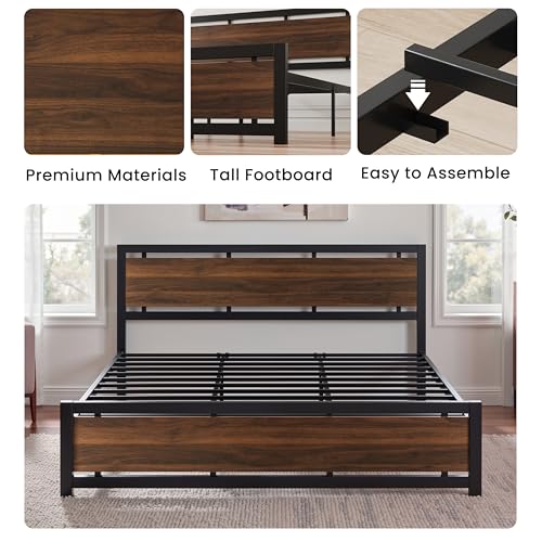 Image of LIKIMIO King Bed Frame with Headboard and Footboard, Metal Strong Supports, Easy Assembly, Noise-Free, No Box Spring Needed, Dark Walnut