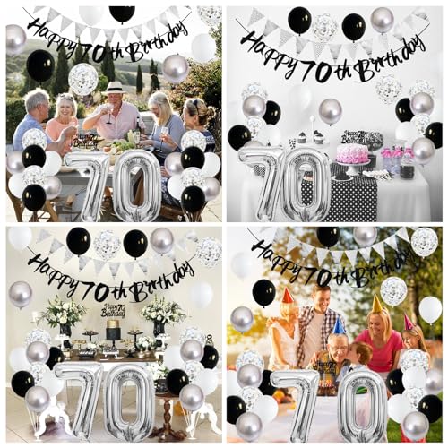 Image of 70th Birthday Decorations for Men, Black Silver 70th Birthday Balloons with Black Happy 70th Banner 70 Cake Topper Decoration Number 70 Balloon for Women 70th Party Decor