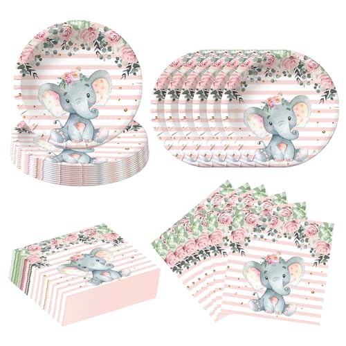 Lousuip Pink Elephant Baby Shower Party Supplies - 80 Pcs Paper Plates and Napkins Birthday Party Decoration for Girls