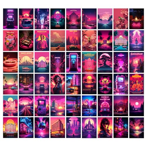 Image of Wallgasm Retro Synth Aesthetic Poster Set - 54 Mini Posters, 4 x 6 Inches for Bedroom, Living Room & Office Decor