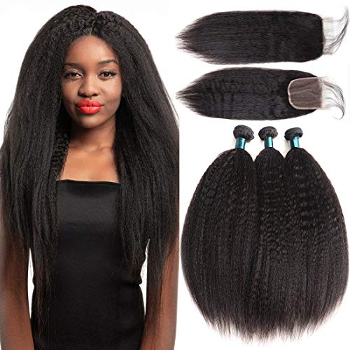 JiaYang 9A Brazilian Kinky Straight Hair 3 Bundles With Closure Yaki Virgin Human Hair Weave Unprocessed Hair With 4x4 Lace Closure Free Part Natural Color (12"14"16"+ 10"Closure) …