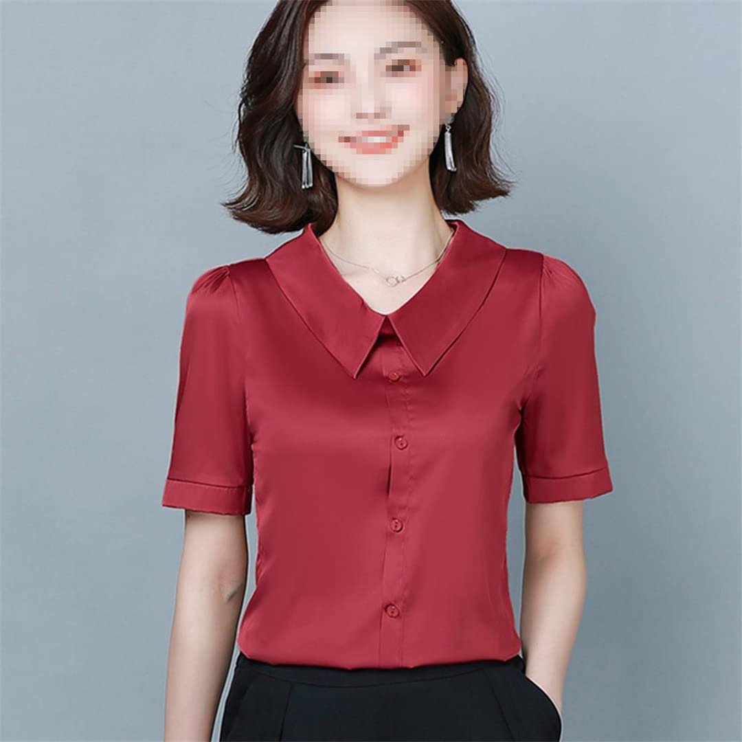 Camisa de Trabajo de Oficina de Verano para Mujer, Camisa de Seda Satinada con Cuello en V de Manga Corta para Mujer, Blusa, Tops