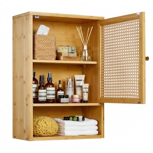 Bathroom Cabinet Wall Mount, Medicine Storage for Bathroom Storage Bamboo over Toilet Hanging Cabinets with Rattan Doors and Adj