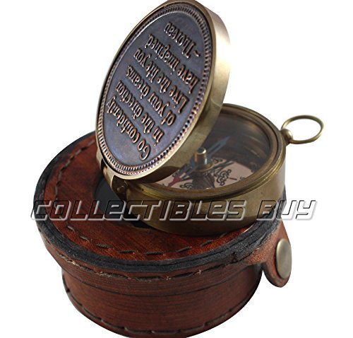 Brújula de bolsillo de latón antiguo con estuche de cuero miniatura 2