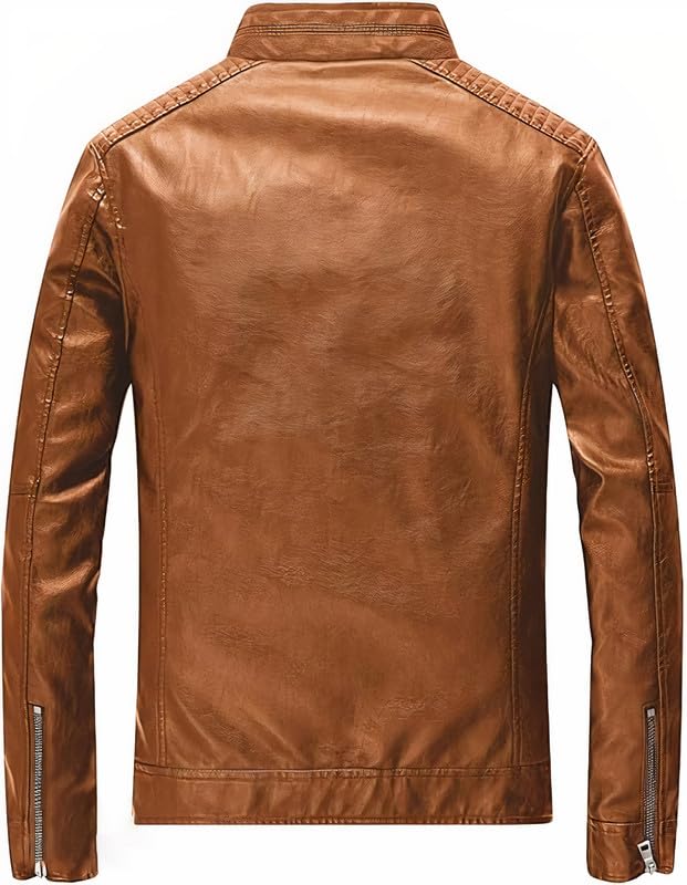 Image of Leather Retail Men Brown Faux Leather Biker Jacket with Zipper Pockets
