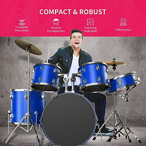 Cuoote 22 Inch 5 Piece Full Size Complete Adult Drum Set With Adjustable Throne, Pedal & 2 Drumsticks,Thick Drum Skin & Double Braced Hardware, Stainless Steel Cymbals, Blue #TOP1
