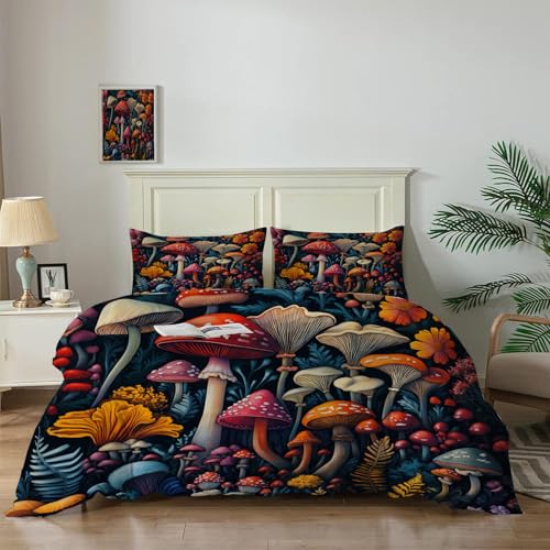 Juego de Cama Doble con Estampado de Bosque de Setas (200 x 200 cm), Funda nórdica Reversible con Estampado de Plantas misteriosas y Fundas de Almohada, Fundas de Cama Transpirables para Cama Doble