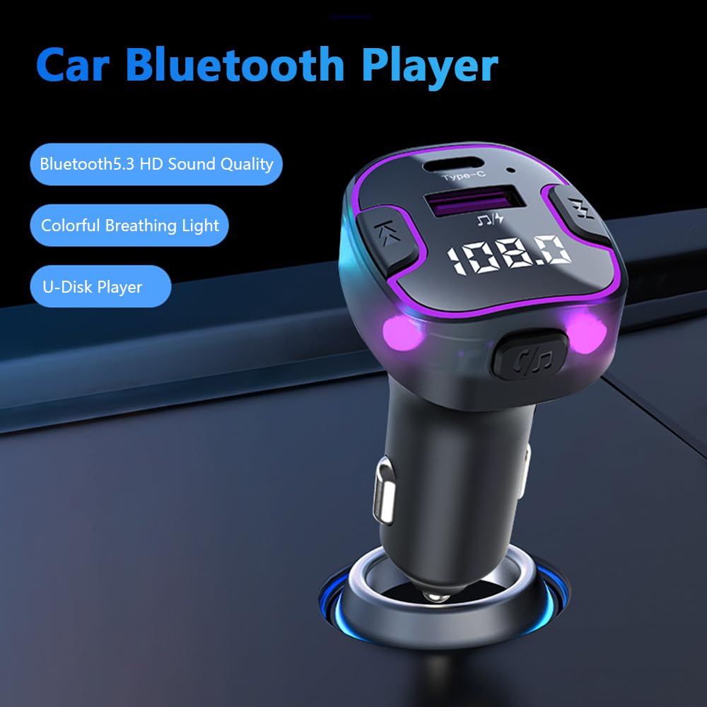 Alanph Bluetooth 5.3 Car Adapter, PD &QC3.0 Fast Charging FM Radio Transmitter for Car, Radio Bluetooth Receiver, Hands-Free Calling, U Disk & Colorful Light