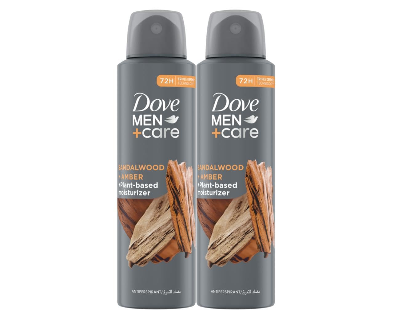 Dove Men+ Care Antiperspirant Deodorant Spray, Sandalwood & Amber, Plant-Based Moisturizer, Triple Defense Technology, 72H Protection, 150ml x 2