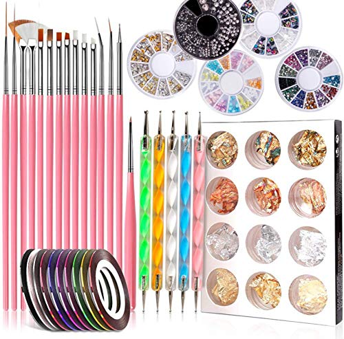 Guanniao 47 PCS Nail DIY Art Set Nail Pen Designer,Professional Nail Art Supplies Kit Nail Dotting Tools, Nail Stickers,Striping Tapes,Decoration Diamond Foil,Nail Painting Tools (Pink)