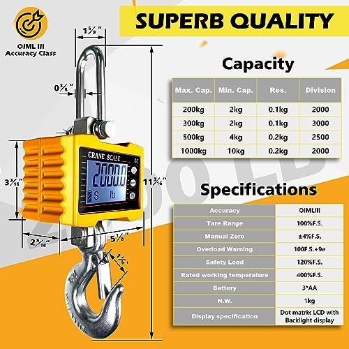 Image of YATOINTO 2200lb Digital Crane Scale High Precision Heavy Duty Industrial Hanging Scale with Remote Control Aluminum Case CE Certified Electronic Weighing Crane Scale, for Garage Farm Hunting Fishing