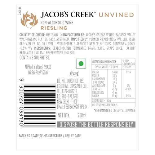 Image of Jacob's Creek UNVINED Riesling Non Alcoholic White Grape Still Wine, 750ml (Pack of 2 Bottles)
