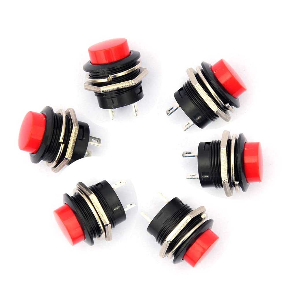 Yushibo Red 6Pcs Mini Push Button Switch - 16Mm Momentary Spst (No) 2-Pin - 6A/125V 3A/250V