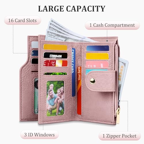Women's Bifold Wallet, RFID Blocking Credit Card Holder with Zipper, Travel Cute Coin Pocket Wallet for Ladies, Pink3