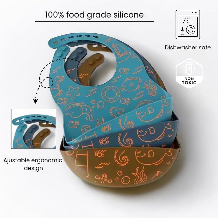 Set of 3 Silicone for Babies - Waterproof, Soft, Unisex Baby Bibs for Eating, 10-72 Months - Blue, Brown, Light Blue Silicone Bibs