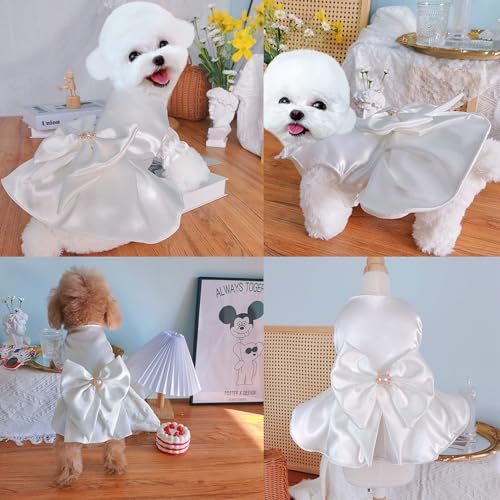SMALLLEE_LUCKY_STORE Satin Hochzeitskleid für kleine Hunde Eleganter Prinzessin Rock mit Schleife und Perle Tutu Kleid mit Puffärmeln