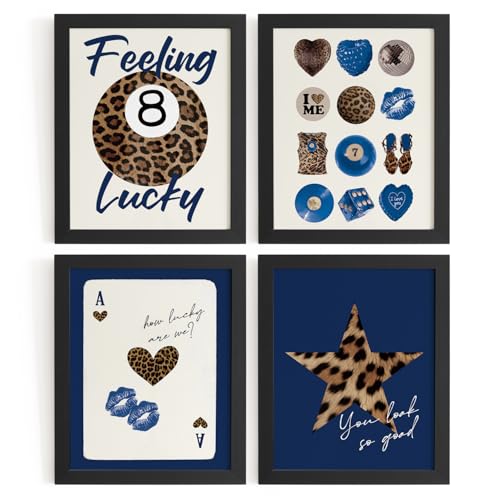 WXHUM Preppy Leopard Cheetah Print Room Decor Funny Trendy Navy Blue Lucky 8 Ball Posters Set of 4 Y2K Wall Art,Star Ace Card Maxinmalist Posters for Girl Room Apratment,8x10 inch Unframed