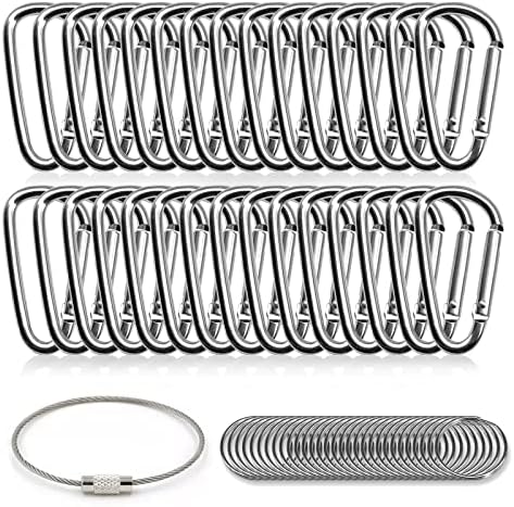 30PCS 2 Inch Carabiner Keychain Clips, Aluminum Caribeener D Shape Buckle with Key Rings and Wire Keychain Cable, Silver
