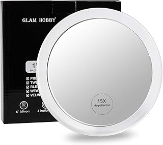 Glam Hobby15X Magnifying Mirror – Use for Makeup Application - Tweezing – and Blackhead/Blemish Removal – 6.3 Inch Round Mirror with Three Suction Cups for Easy Mounting