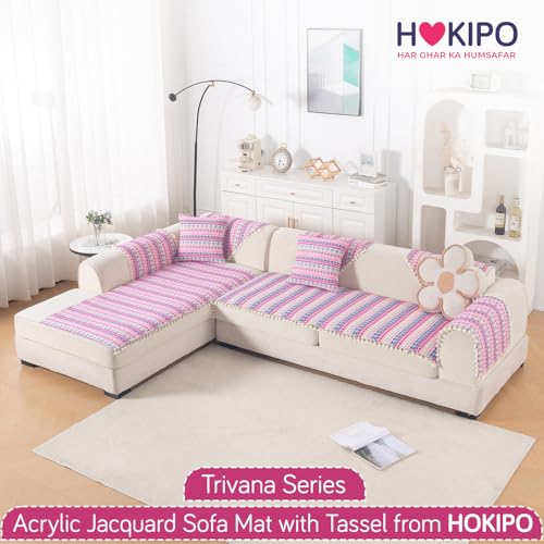 Image of HOKIPO L Shape (2+2 Seater) Sofa Cover Seat Mat | 300 GSM Cotton Acrylic Jacquard Fabric with Tassel, 'Trivana Series' Periwinkle Blue (IN-934+935-J5)