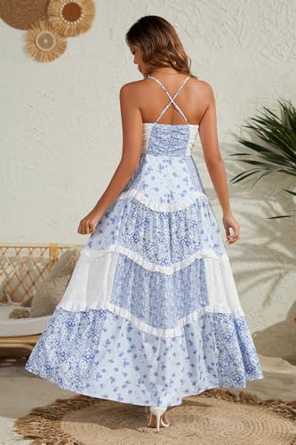 Image of Women Floral Maxi Dress Spaghetti Straps V Neck Lace Patchwork Flowy Tiered Boho Beach Sundress Long Dresses