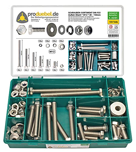 Schrauben-Sortiment - 103-tlg. - Edelstahl A2 – M12 – DIN 933, 934, 985, 125, 127, 9021 – Sechskantschrauben mit Muttern, Unterlegscheiben & Federringen – Rostfrei in Sortimentsbox