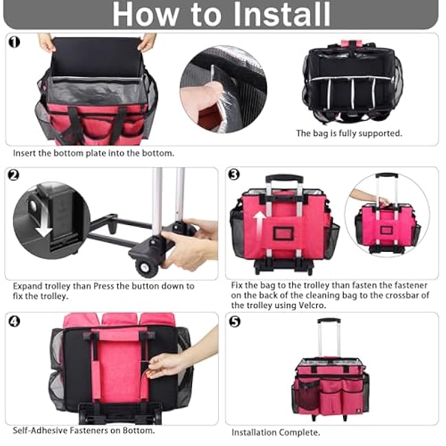 Extra Large Rolling Cleaning Caddy Bag with Detachable, Foldable Trolley Portable Cleaning Cart for Housekeeping Cleaning Caddy with Adjustable Shoulder Strap and Multiple Storage Pockets