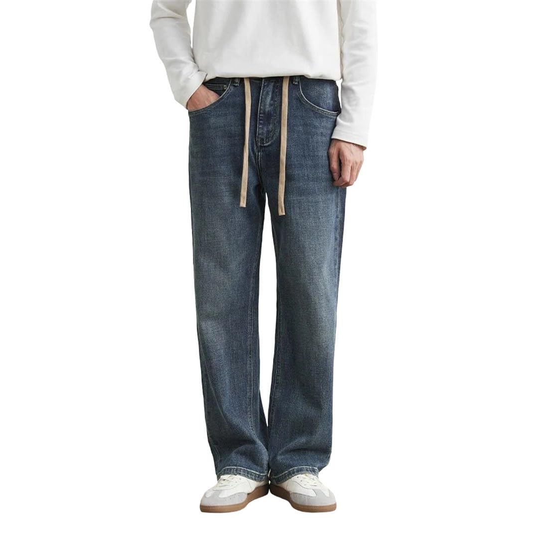Mens Cotton High End Jeans Fall American Washed Elastic Waist Loose Straight Casual