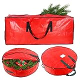 Klmnop 3 Pack Wreath and Christmas Tree Storage Bag Set, for up to 7.5ft Artificial Tree, Waterproof with Reinforced Handles & Zipper for 30 Inch Holiday Wreaths(Red)