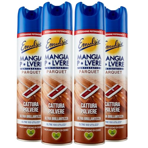 Emulsio El spray de parquet antiestático atrapa el polvo para suelos de madera ultra brillante perfumado con madera de cedro – 4 botes de spray de 300 ml cada uno