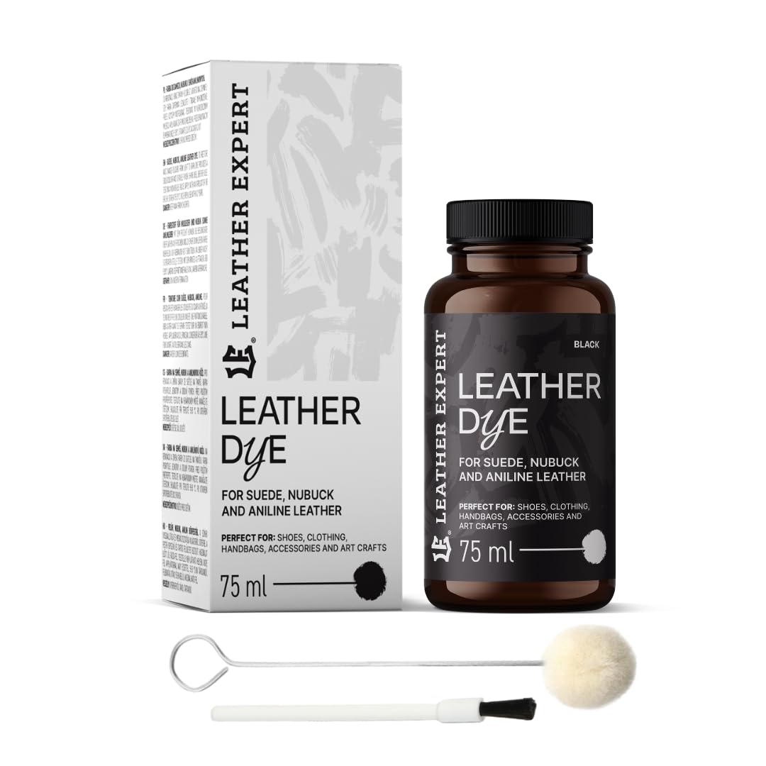 Penetrating Leather Dye - Lederfarbe Schwarz 75 ml - Ideal zum Schuhe, Handtaschen und Accessoires – inkl. Applikator & Pinsel - Schuhfarbe für Wildleder, Nubuk- und Anilinleder (16 Farben)