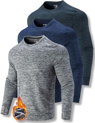 3-Pack Thermal Fleece Active Long Sleeve Shirts for Men Athletic Crewneck Pullover Sweatshirts (Set 1 Large)