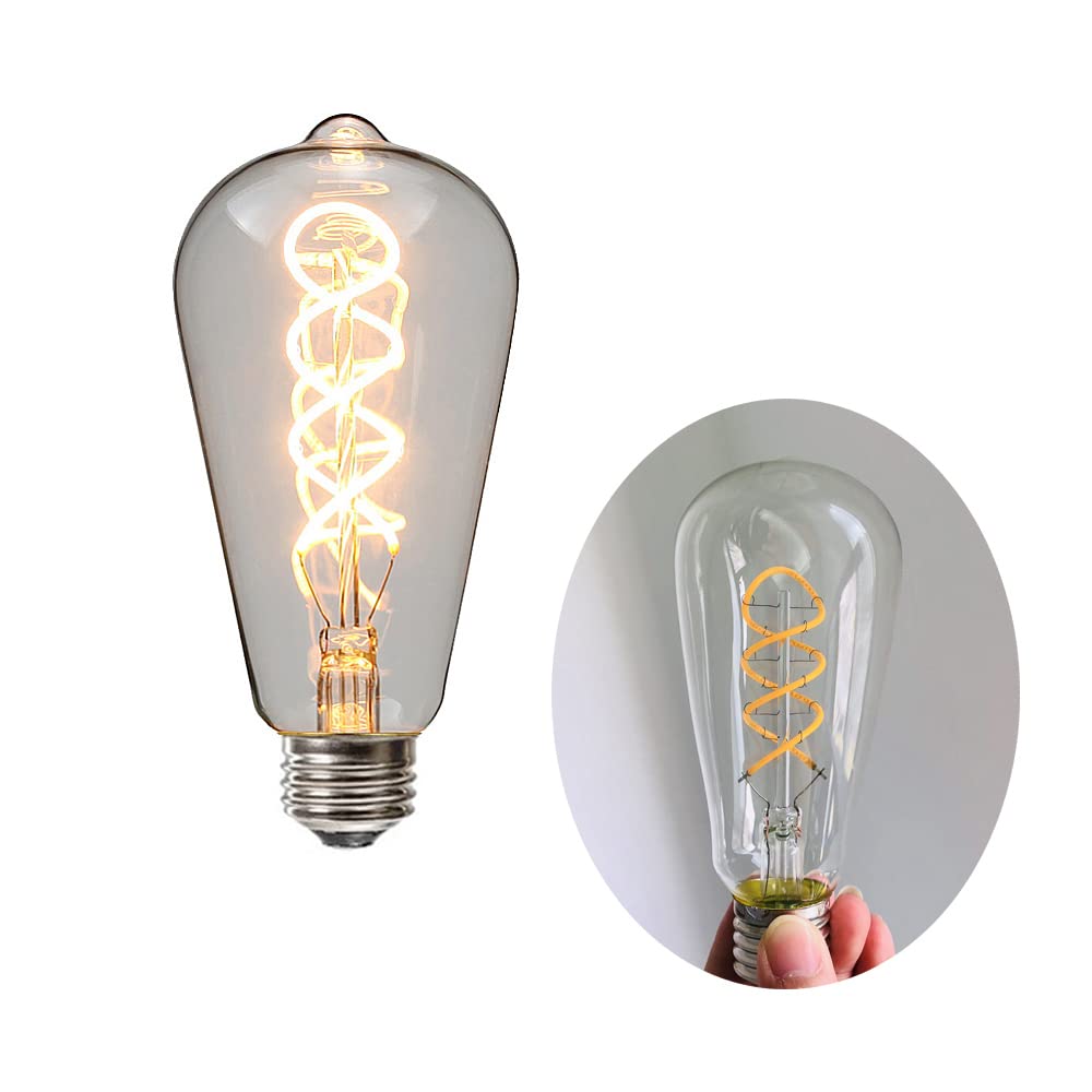 Ruihua 1Pack E27 4W Clear Glass Double Spiral Flexible Bulb ST64 Vintage LED Filament Bulb(40W Equivalent) Warm White 2700K 400LM Retro Edison LED Bulb Not Dimmable Energy Saving Lamp,AC 220-240V