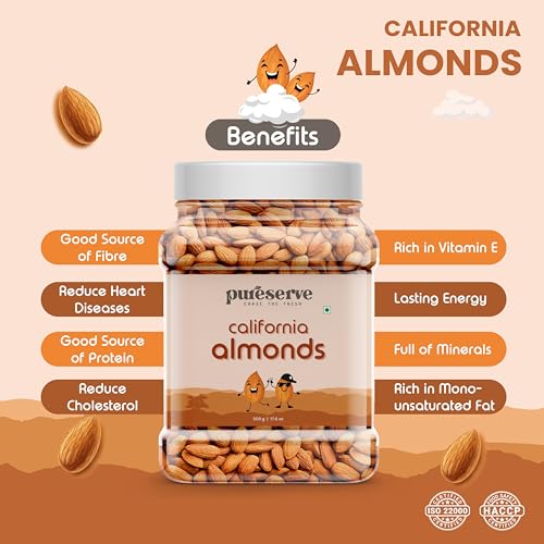 Image of Pureserve Natural California Almonds 1Kg (500g*2) - Whole Badam Giri | High in Protein, Fiber & Essential Nutrients | Boosts Immunity & Energy | 100% Natural, Gluten-Free Superfood | Jar Pack OF 2