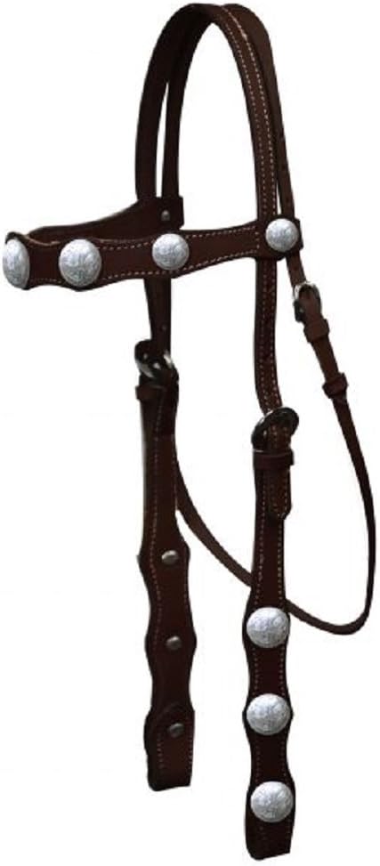 Showman Horse Leather Browband Headstall with Engraved Silver Conchos and 5' Long Leather Split Reins (Dark Oil)