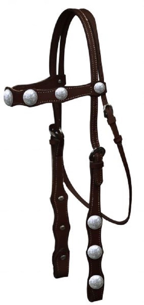 Showman Horse Leather Browband Headstall with Engraved Silver Conchos and 5' Long Leather Split Reins (Dark Oil)