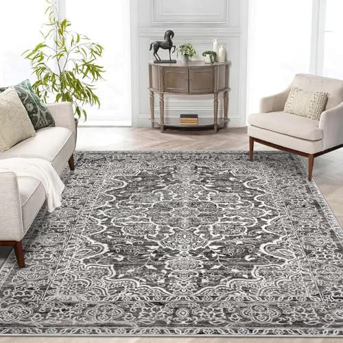 KUTA Vintage Area Rug 5x7 Tan Grey, Washable Rugs for Living Room Soft Non-Slip Printed Distressed Tribal Traditional Farmhouse Carpet for Bedroom Dining Room Dorm Office Home Decor