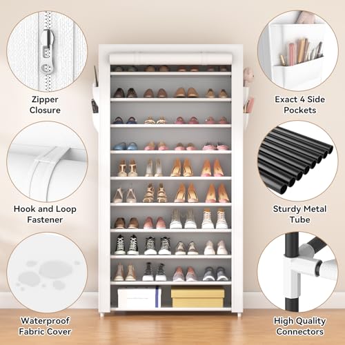 Image of ROJASOP Shoe Rack with Covers 10 Tier Large Shoe Organizer Tall Shoe Closet Storage for 50-55 Pairs Shoe and Boot, Free Standing Shoe Rack Organizer for Closet, Entryway, Bedroom, White