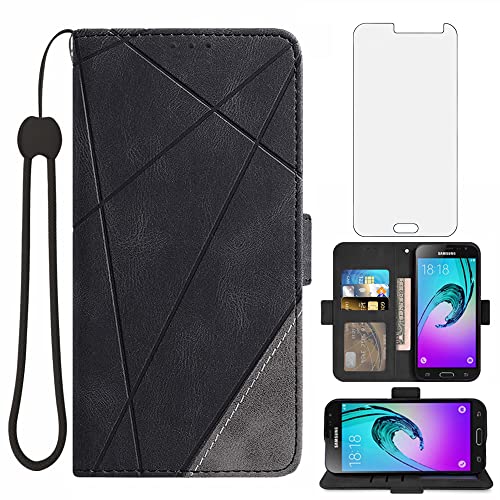 Asuwish Compatible with Samsung Galaxy J3 2016/J 3 V/J36V/Sky/Amp Prime Wallet Case and Tempered Glass Screen Protector Flip Card Holder Stand Cell Phone Cover for Sol J3V JV3 J36 6 J320V J320A Black