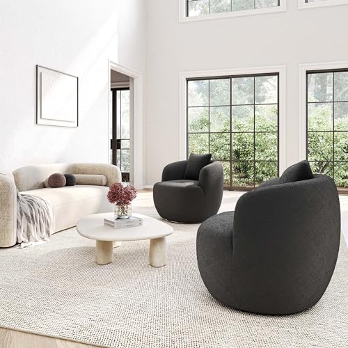 Image of BELLEZE Modern Round Boucle Swivel Armchair - Curved Backrest Upholstered 360 Swivel Sofa Accent Chair with Pillow, Comfy for Living Room - Francisco (Black)