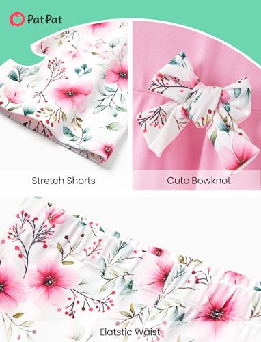 Image of PATPAT Girls Summer 2 Piece Outfits 4-12Y Butterfly Bow Sleeveless Tunic Tops and Floral Print Shorts Cute Clothes